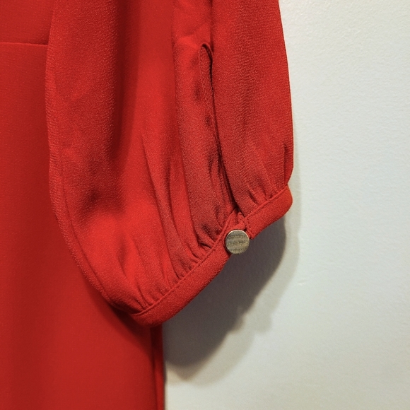 Talbots Bright Red-Orange Lacy Cutout Neckline Sheath w/ Bishop Sleeves Size 8 - Picture 3 of 7